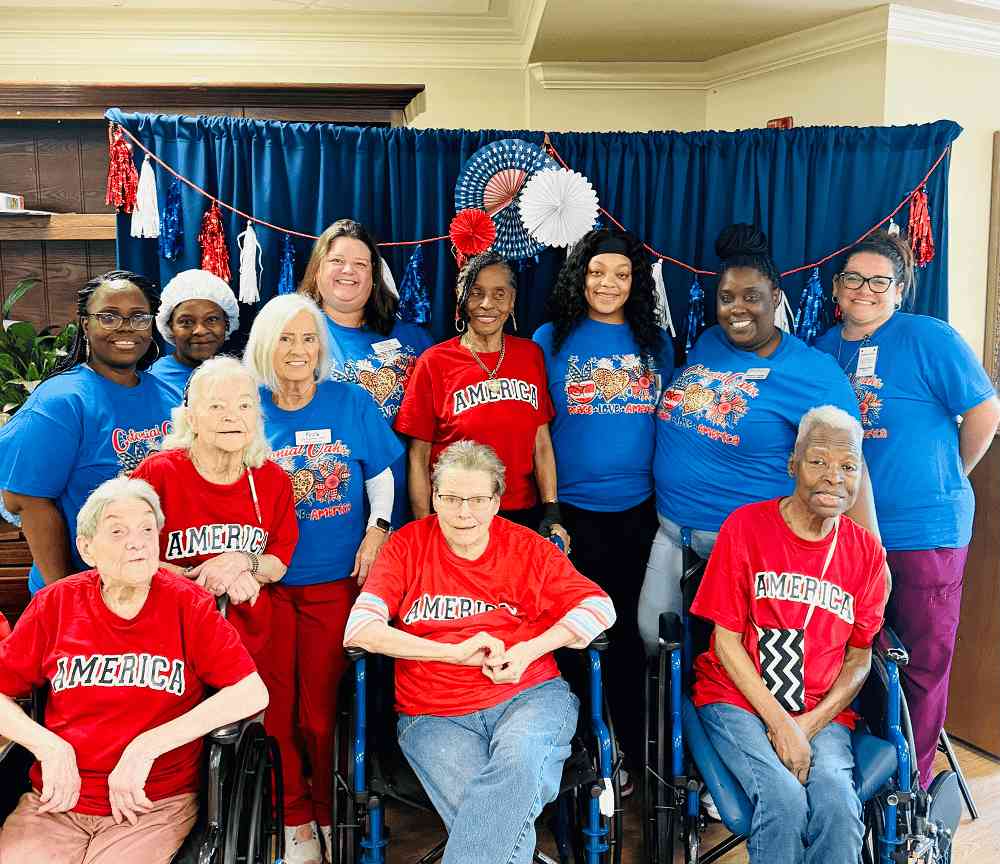 A group of people dressed up on 4th July for Independence Day at a nursing home in Bossier City, LA